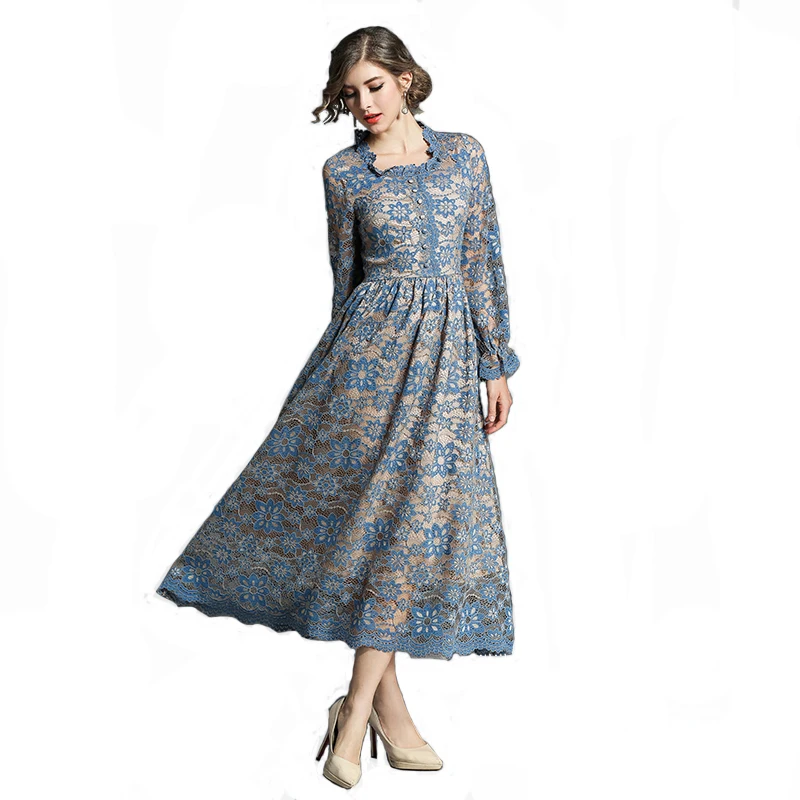 

JOYINPARTY New Women Lace Dress Hook Flower Hollow Out Long Sleeve Vestido Elegant Work Casual Slim Vintage Party Maxi Dresses