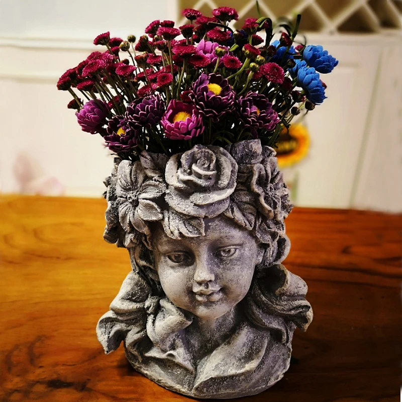 Открытый богиня девушка голова смолы ваза статуи цветочный горшок Купидон Цветок Трава Фея скульптура ангела украшение садовая ваза ремесла