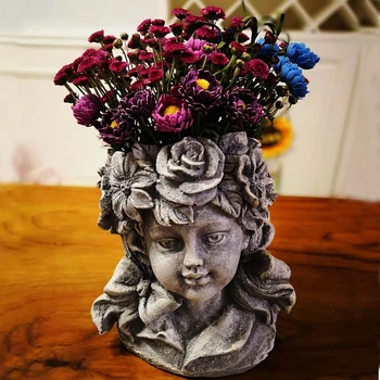 

Outdoor Goddess Girl Head Resin Vase Statues Flower Pot Cupid Flower Grass Fairy Angel Sculptures Decoration Garden Vase Crafts