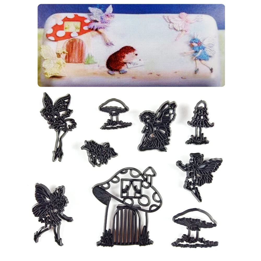 

9PCS Fairies&Toadstools Cookie Cutter Plastic Fairy Fondant Cutter Biscuit Baking Cake Mold Cake Decorating Tools Color Black