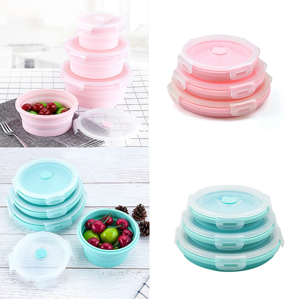 

3Pcs Silicone Lunch Boxes Set Collapsible Food Storage Containers Round Folding Picnic Outdoor Kitchen Microwave Freezer Bowl