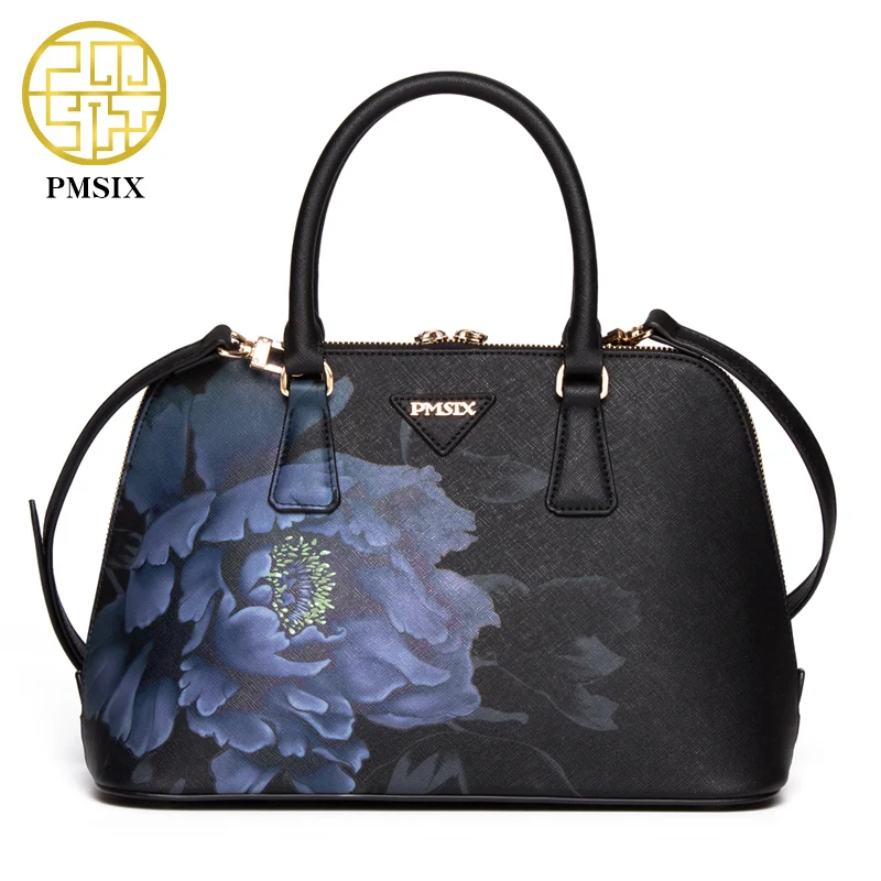 PMSIX Chinese Style Women Bag Cattle Split Leather Flower Print Ladies