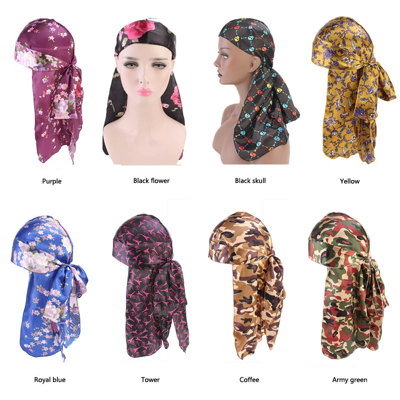 Unisex Men Women Bandana Durag Head Wrap Hat Silky Pirate Cap Turban Long Tail