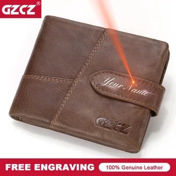 

GZCZ Free Engrave Men Wallets Clutch Vintage Male Purse Hasp Short Walet Money Clip Purses Genuine Leather Rfid Purse Wallets