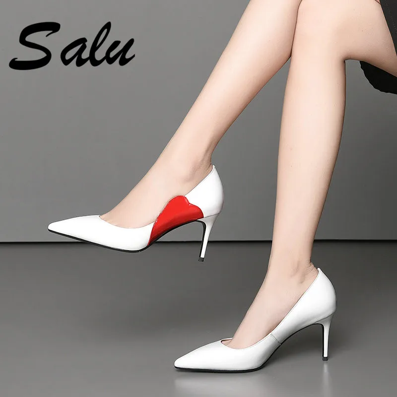 

Salu 2019 new arrival pumps women shoes Pointed toe spring summer shoes slip on heels genuine leather dress shoes woman