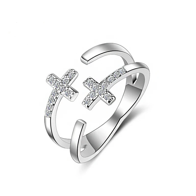 

Double Tiny Cross CZ Zirconia Opened Finger Rings for Women Men Silver Rose Colors Resizable Rings Fashion Party Jewelry Gifts