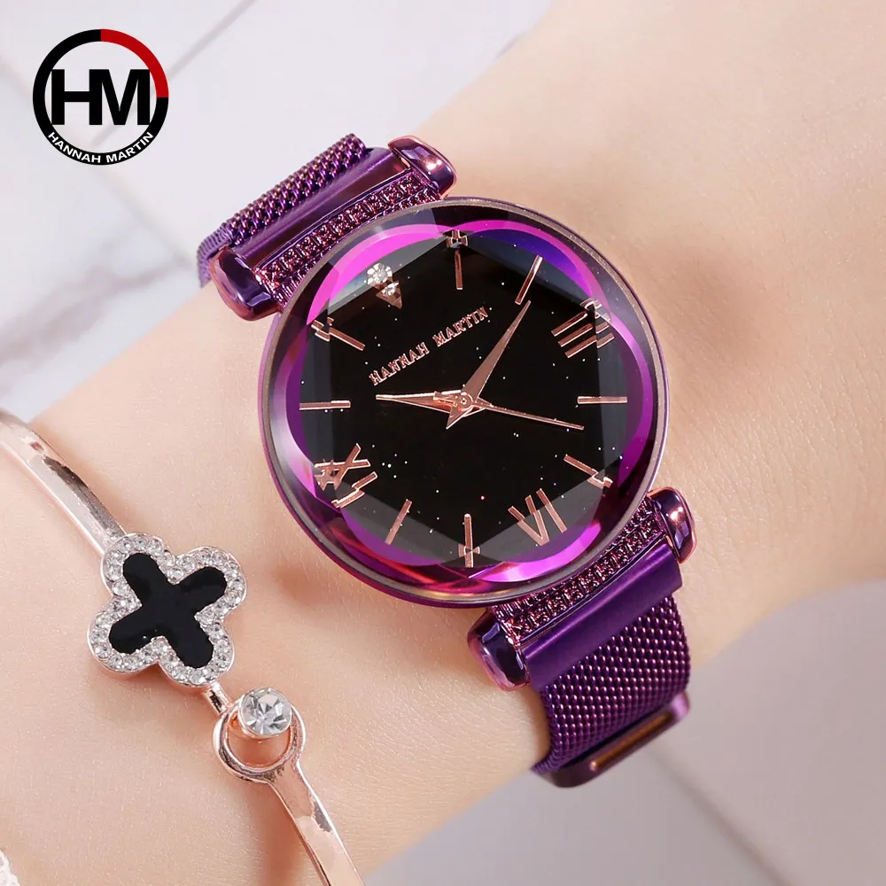 

New Japan MIYOTA Movement Women High Quality Bright Purple Stainless Steel Magnet Mesh Wristwatches Waterproof Relogio Feminino