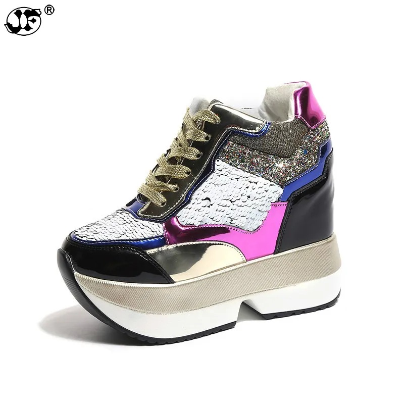 

2019 New Woman Spring Wedge Boots PU Leather Harajuku Shoes Colorful Bling Winter Ankle Boots 12CM High-Heeled Platform Sneakers