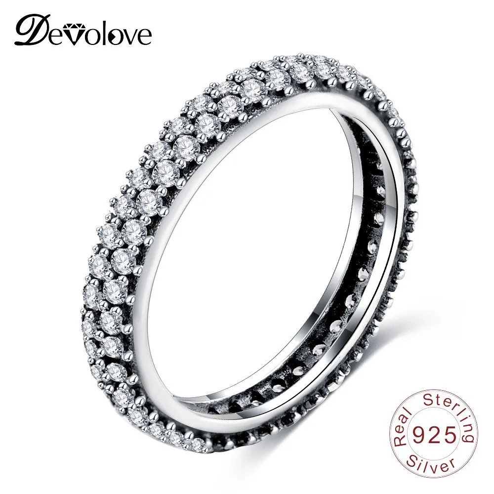 Devolove 925 пробы серебро роскошь кольца с двумя рядами кубический циркон кольцо для
