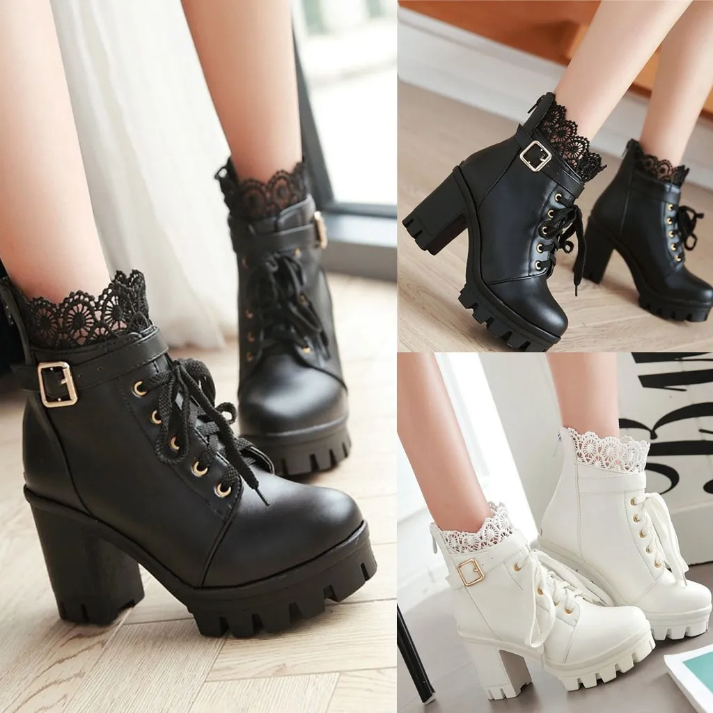 

Fashion Women's Boots Thick High Heel Lace Up Ankle Boots Platform Lace Student Female Casual PU Leather Autumn Shoes M50#