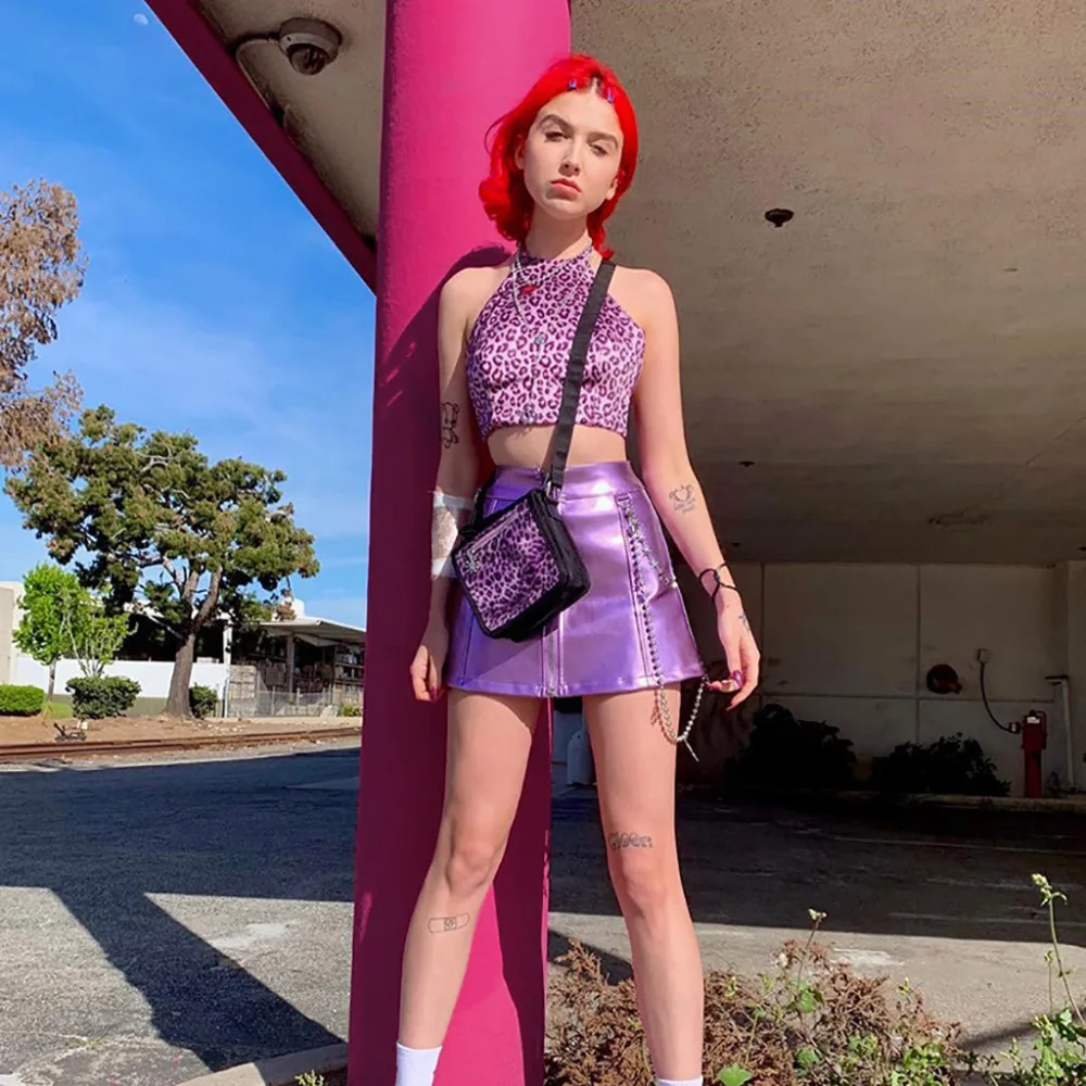 

Women Vest Tank Tops Loose Leopard Halter Short Size Casual Ladies Tops Shirts Purple Fashion Turtleneck Navel Sexy Shirts L*5