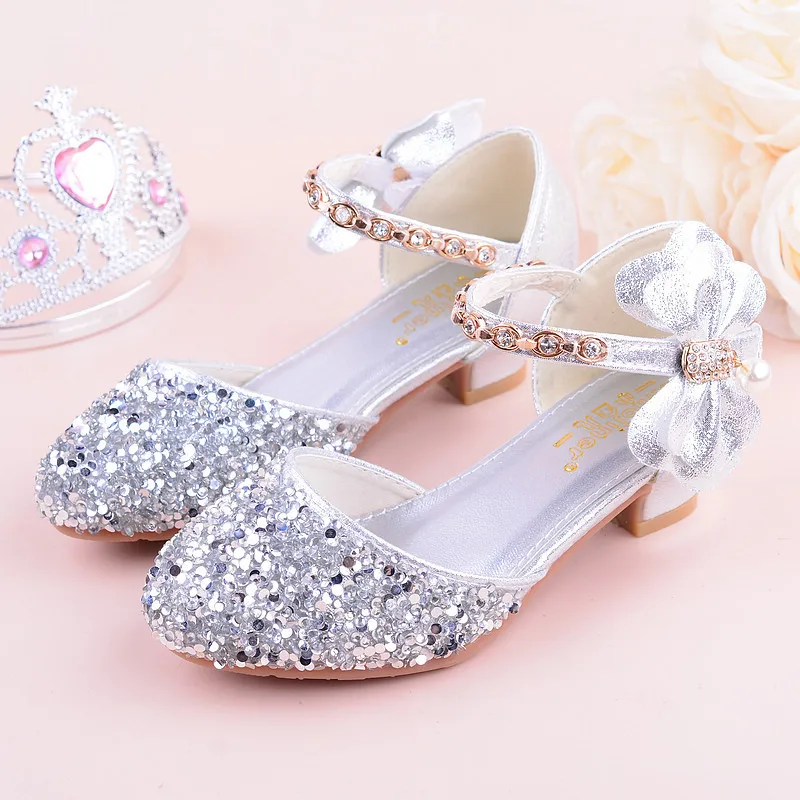 Girls Bow-knot Princess Shoes with High-Heeled, Kids Glitter Dance Performance Summer Shoes, Purple, Pink& Silver 26-38