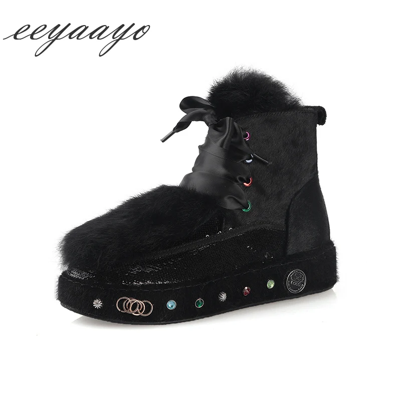 

2018 New Winter Women Ankle Boots Platform Middle Heel Warm Wool Lining Real Fur Lace-Up Bling Women Shoes Black Snow Boots