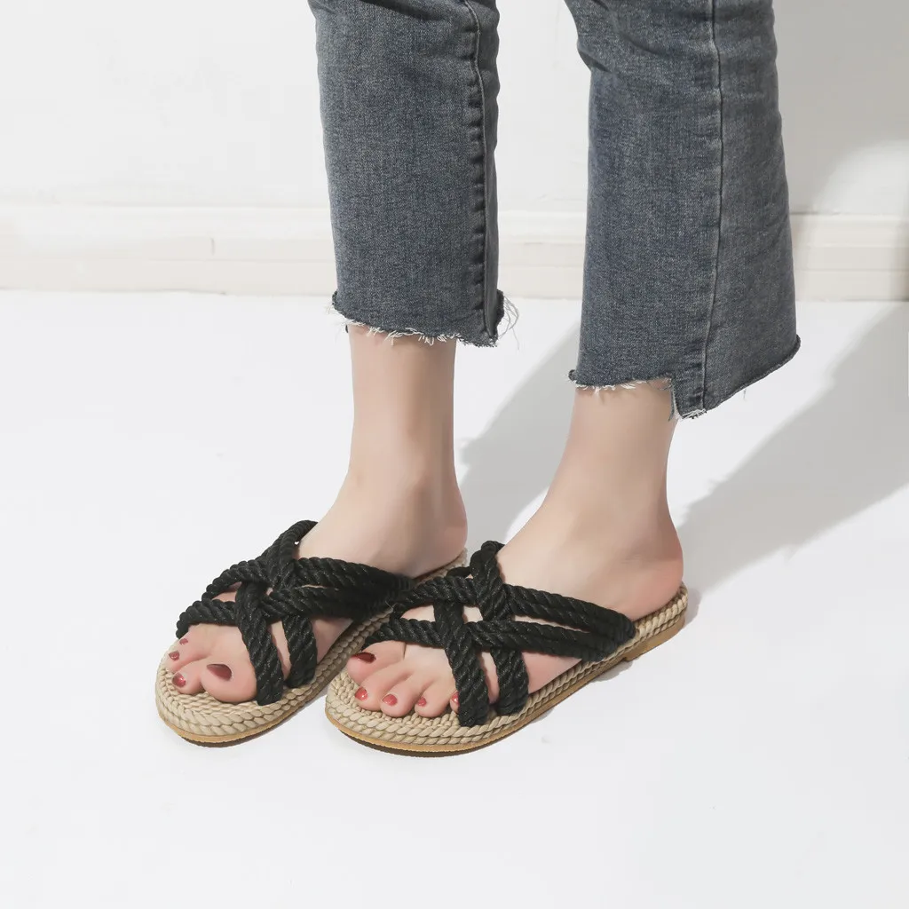 Women's Large Size Hollow Flat Low Low Slippers Grass Woven Sole Beach Shoes summer slippers women 2019 flip flops women