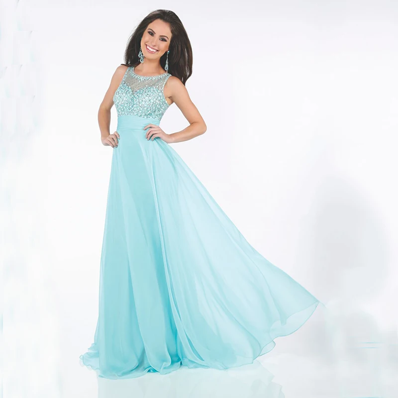 Aqua Blue A Line Chiffon Prom Dresses 2016 New Arrival Beaded Scoop ...