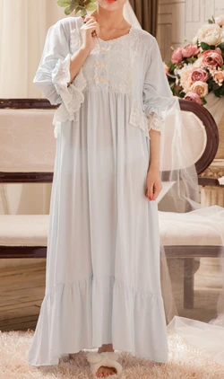 Loose Nightgown Women Long Nightdress Sleepwear Ladies Princess Sleepwear Ankle Length Nightwear Dress - Цвет: light blue