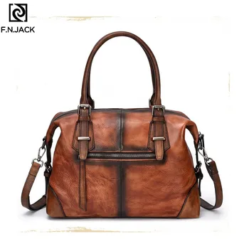 

F.N.JACK Real Leather Men Handbags Retro Cowhide Shoulder Bag Large Capacity Man Package Travel Soft Brown Zip Crossbody Bag