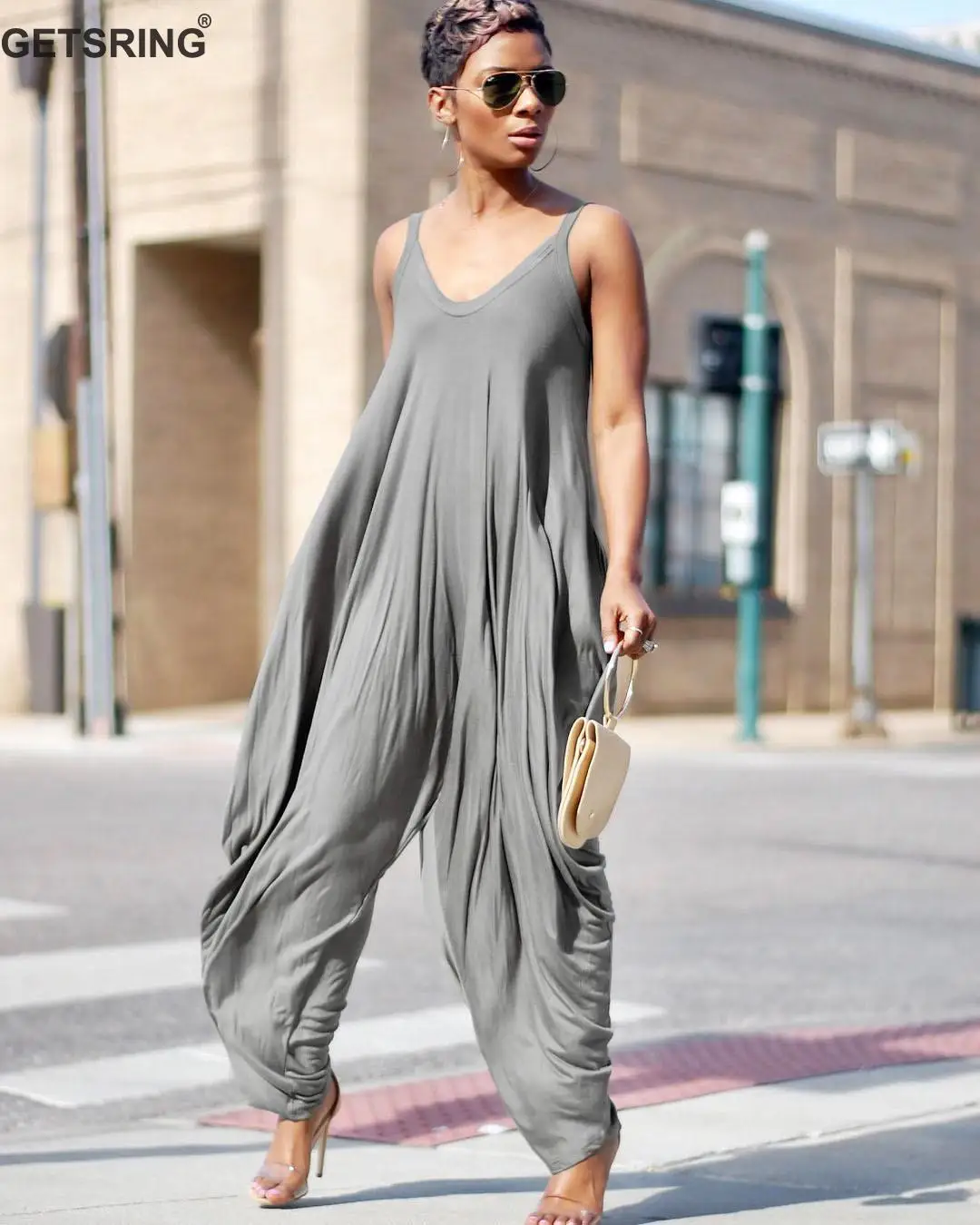 

GETSRING Women Jumpsuit Sleeveless V Neck Sling Rompers Womens Jumpsuit Wide Led Loose Woman Overalls 2018 New Autumn Gray Pink