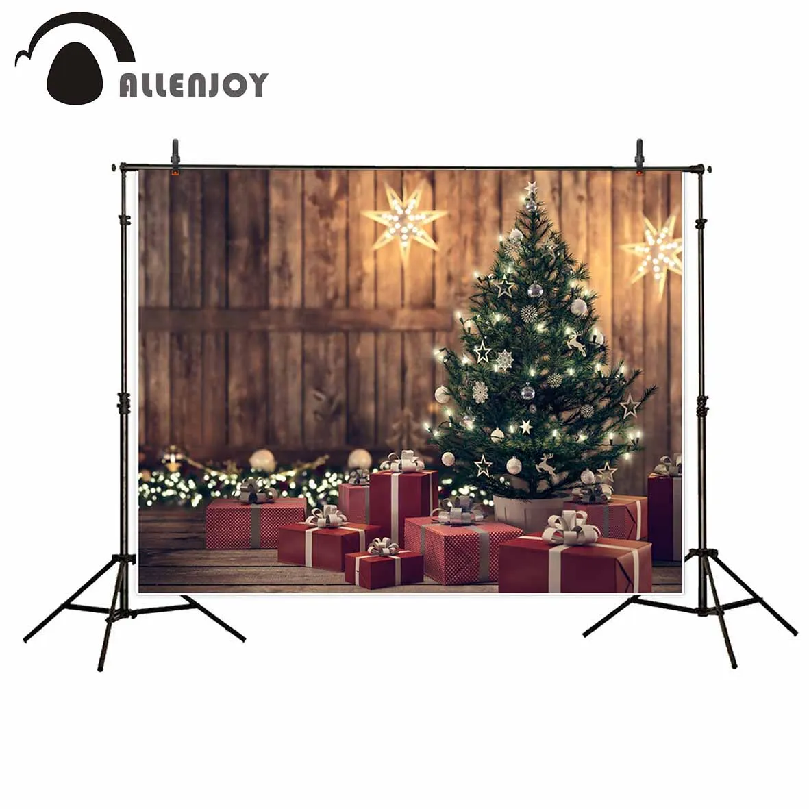 

Allenjoy Christmas tree gifts indoor photography backdrops planks wood board floor wall shiny stars baby shower photo background