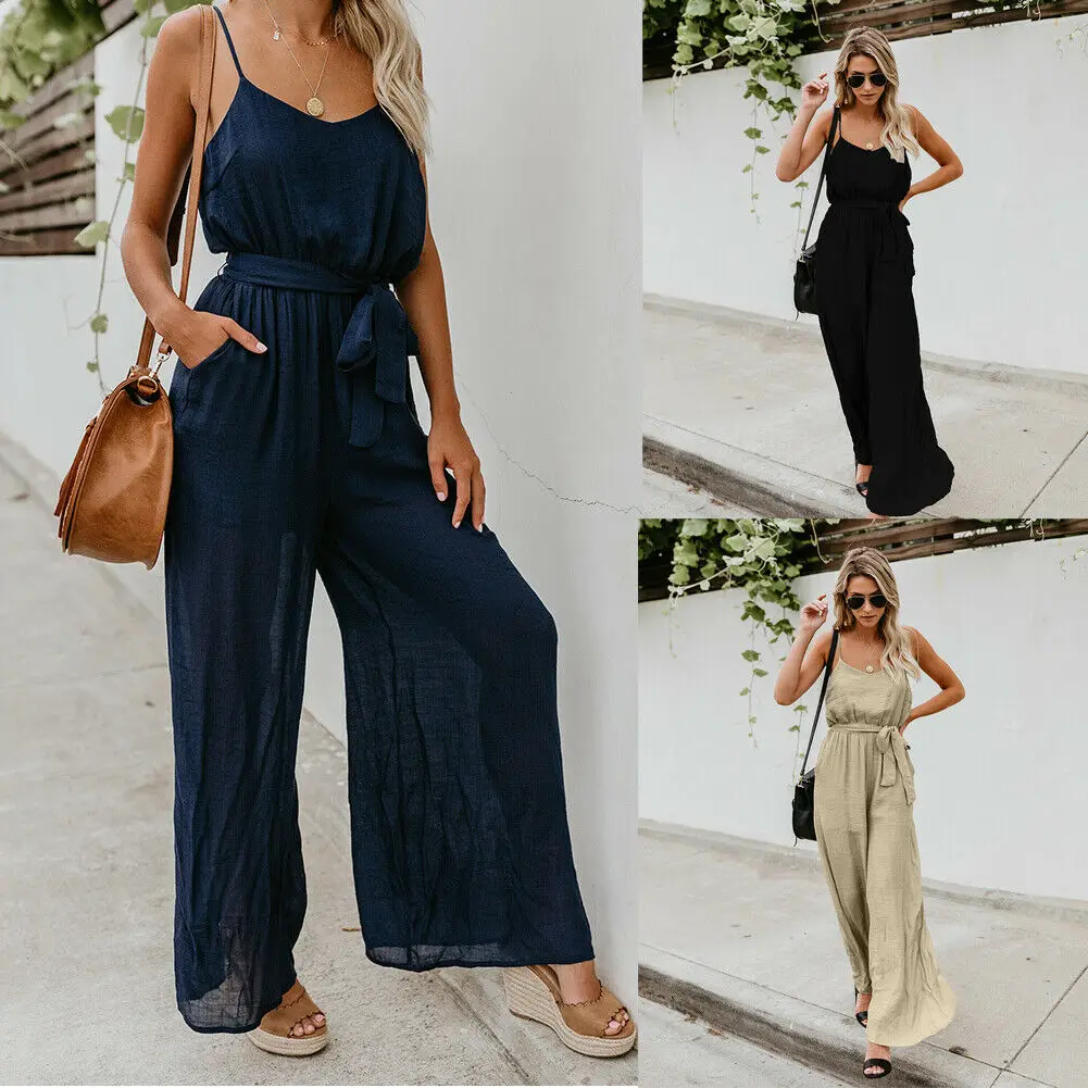 

New Fashion Jumpsuits Women Summer Holiday Romper Ladies Sleeveless Solid Casual Beach Party Loose Wide Leg Long Pant Trousers