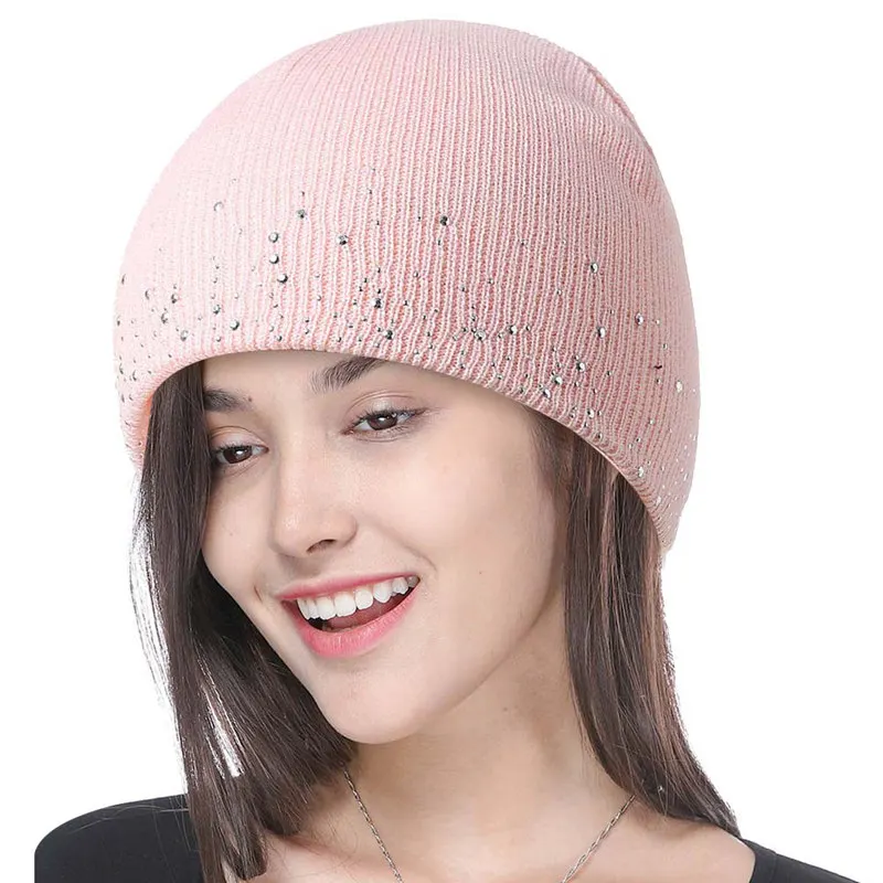 Autumn Winter rhinestone beanie hats women fashion soft knitting