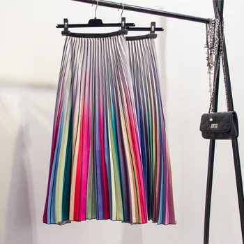 

LANMREM 2020 New Summer Fashion Women Clothes A-line Pleated Contrast Colors Rainbow Elastic Halfbody Skirt WH27905