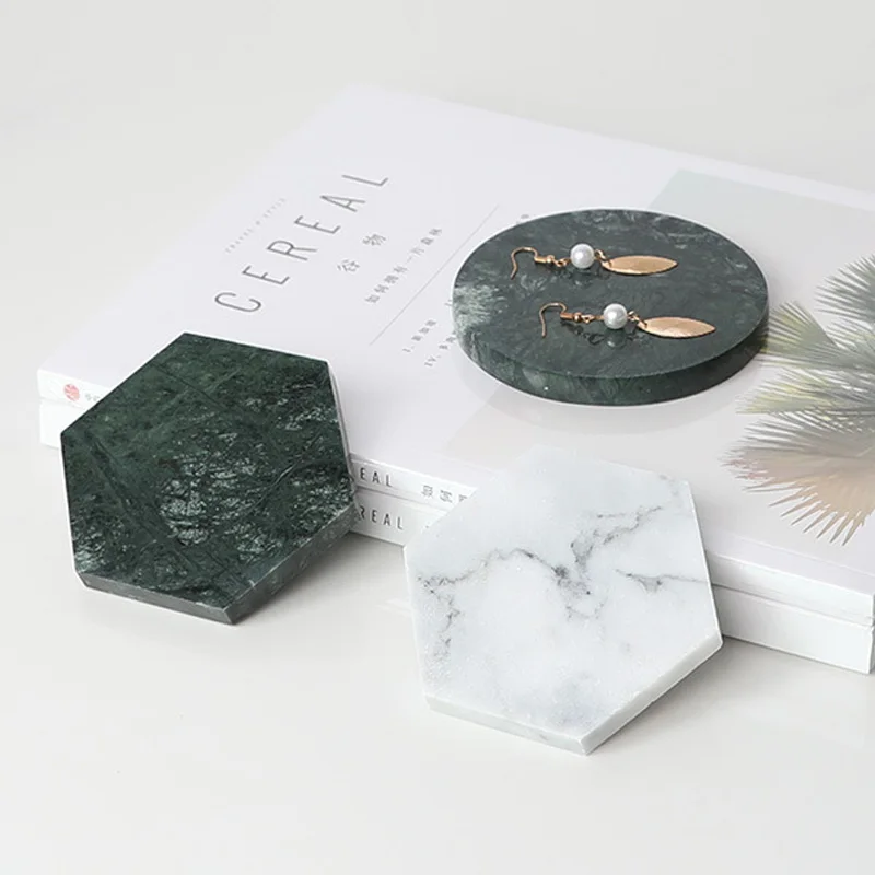 

2Pcs Minimalist Marble Storage Tray Chic Nordic Desk Round Jewelry Storage Dessert Plate Hexagon Coaster Organizer Home Decor