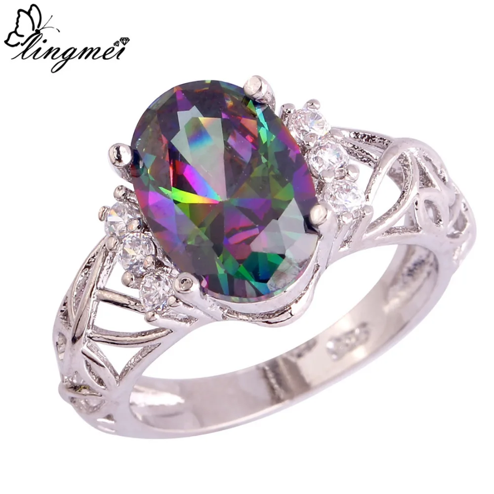 lingmei Wholesale Mystic Jewelry Rainbow & White CZ Silver Color Ring Size 6 7 8 9 10 11 Unisex Fashion Party Rings Free Ship