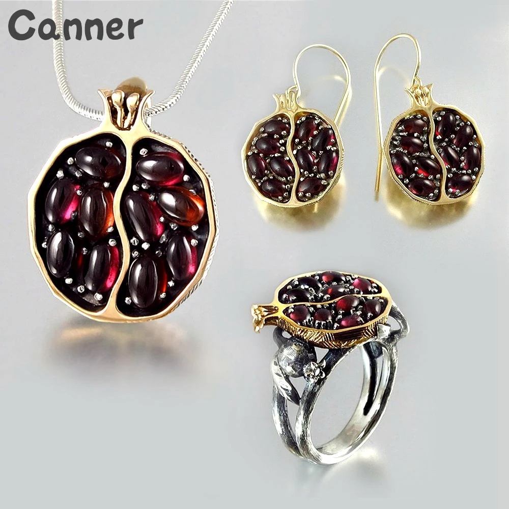 

Canner Nature Pomegranate Garnet Necklace Rings Earrings Set Red Stone Pendant Necklace Jewelry Set For Women Girls Gifts A40