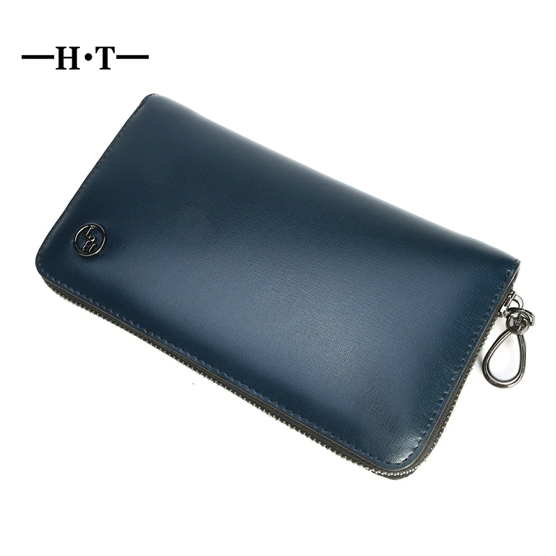 

HT Brand New Genuine Leather Wallet Mens Purses Blue Long Design Wallets Man Notecases Fashion Clutches Coin Purse Card Holder