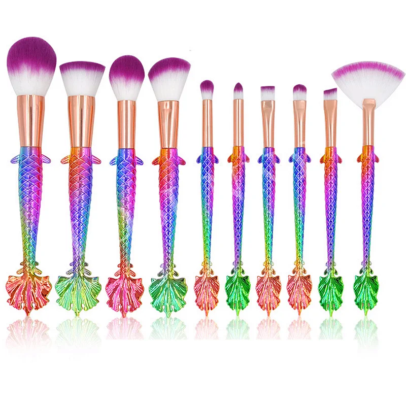 

10 pcs Mermaid Makeup Brushes Set Foundation Blending Powder Eyeshadow Contour Contour Professional Cosmetic Brushes with Case