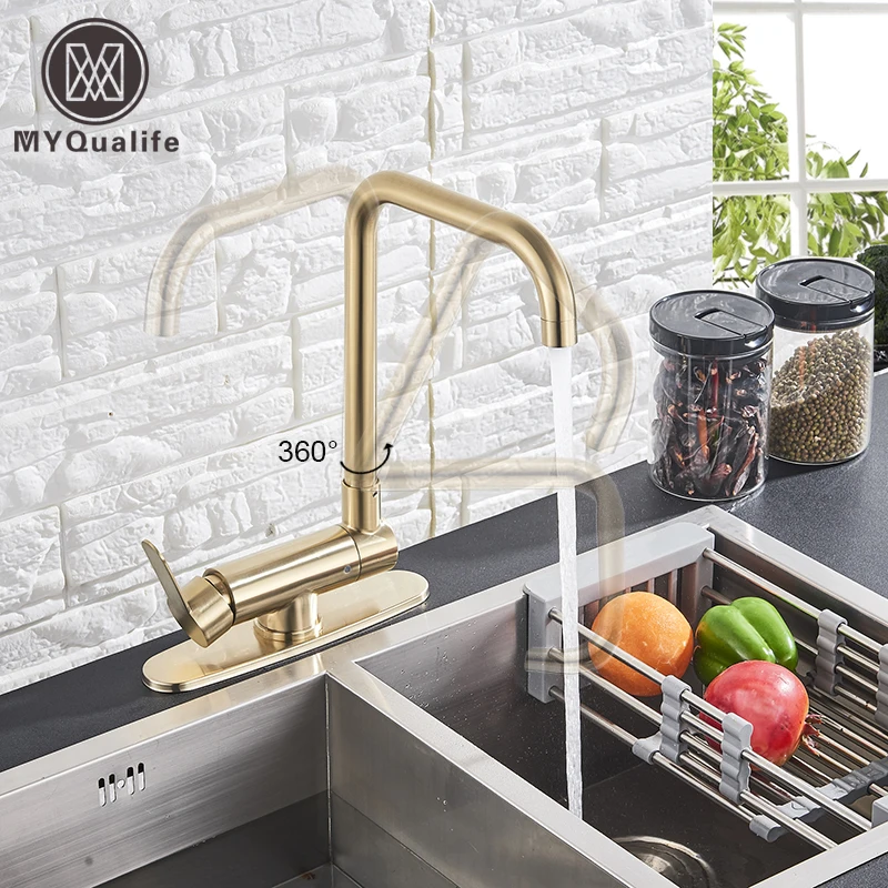 Brushed Gold /Black Kitchen Faucet Deck Kitchen Sinks Faucet High Arch 360 Degree Swivel Cold Hot Mixer Water Tap