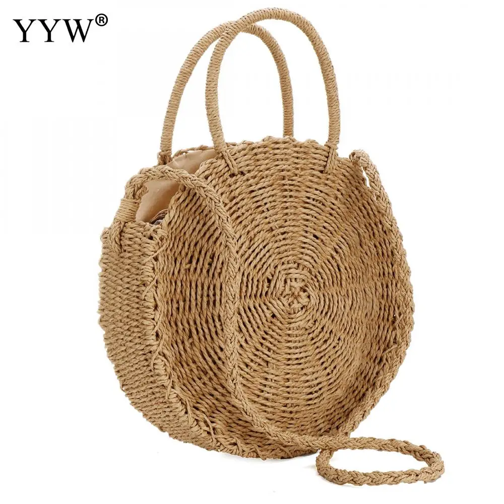 

2019 Round Straw Bags Women Solid Rattan Bag Handmade Woven Beach Cross Body Bag Circle Bohemia Handbag wicker tote black khaki