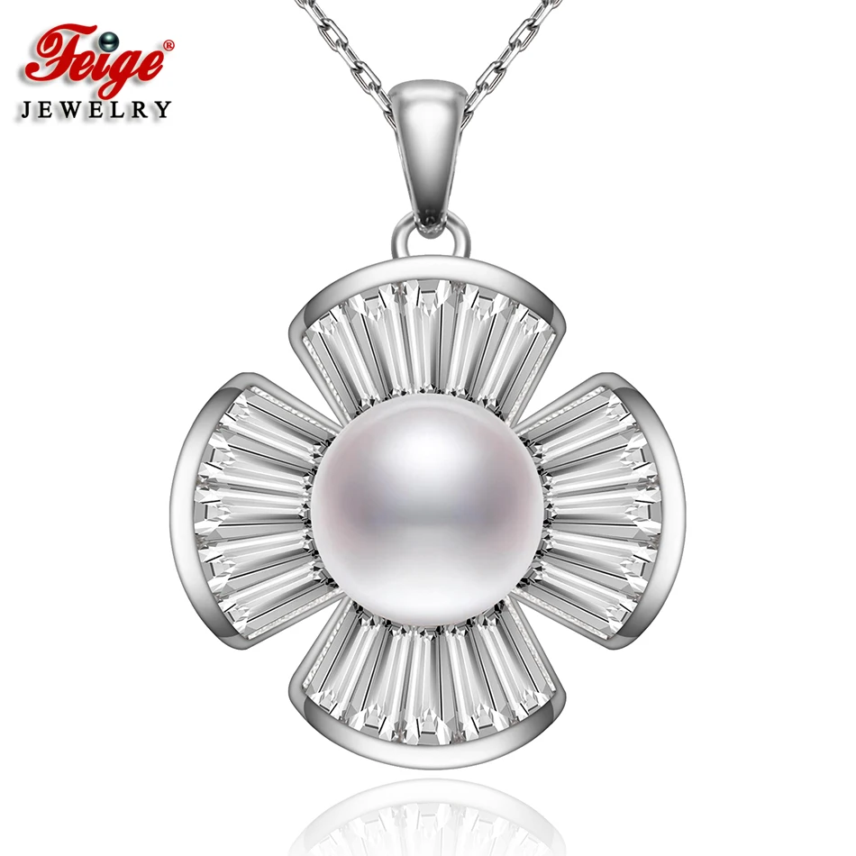 

FEIGE Luxury Bride Jewelry Real 925 Sterling Silver Necklaces & Pendants for Women's 9-10MM White Freshwater Pearl Necklace Gift