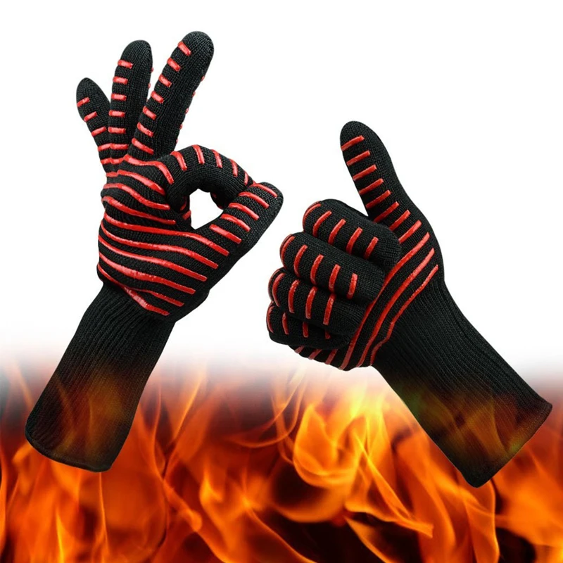 Extreme Heat Resistance BBQ Gloves for Cooking Baking Grilling Oven Mitts BBQ Gloves Pair Red/Black