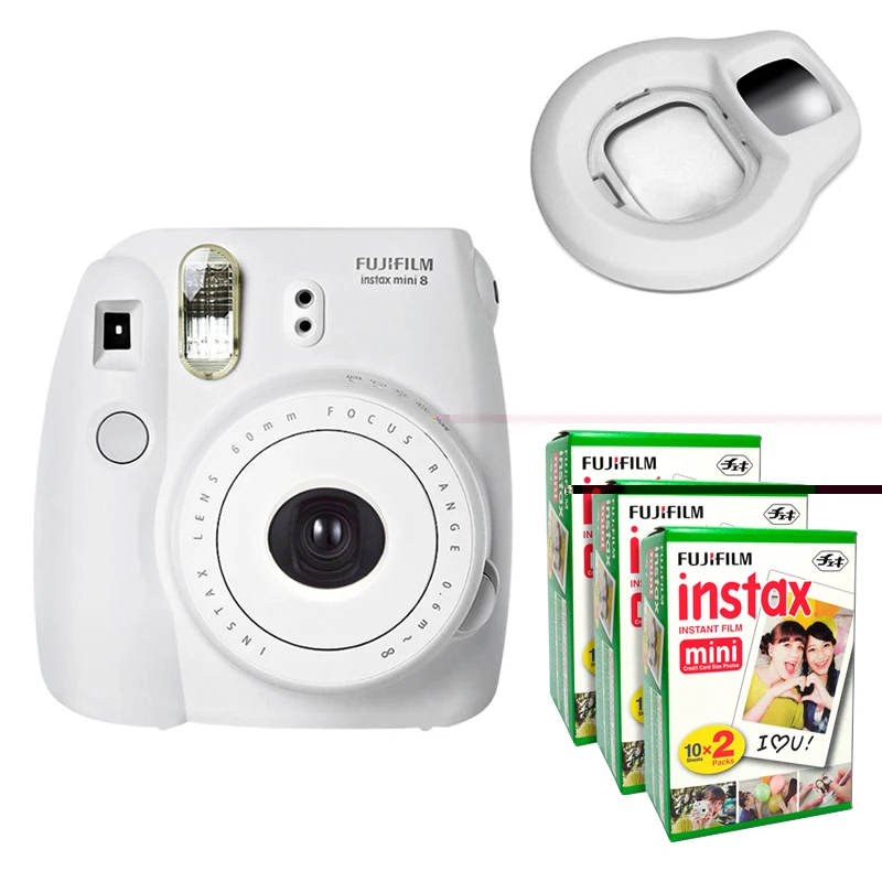 Fujifilm Instax Mini 8 Instant Camera - White + Mini White Edge Instant 60 Film + Close-up Lens - White