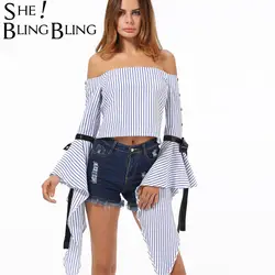 SheBlingBling с открытыми плечами полосатая блуза рубашка Для женщин укороченные женские топы элегантный Молния сзади лепесток Блузка с