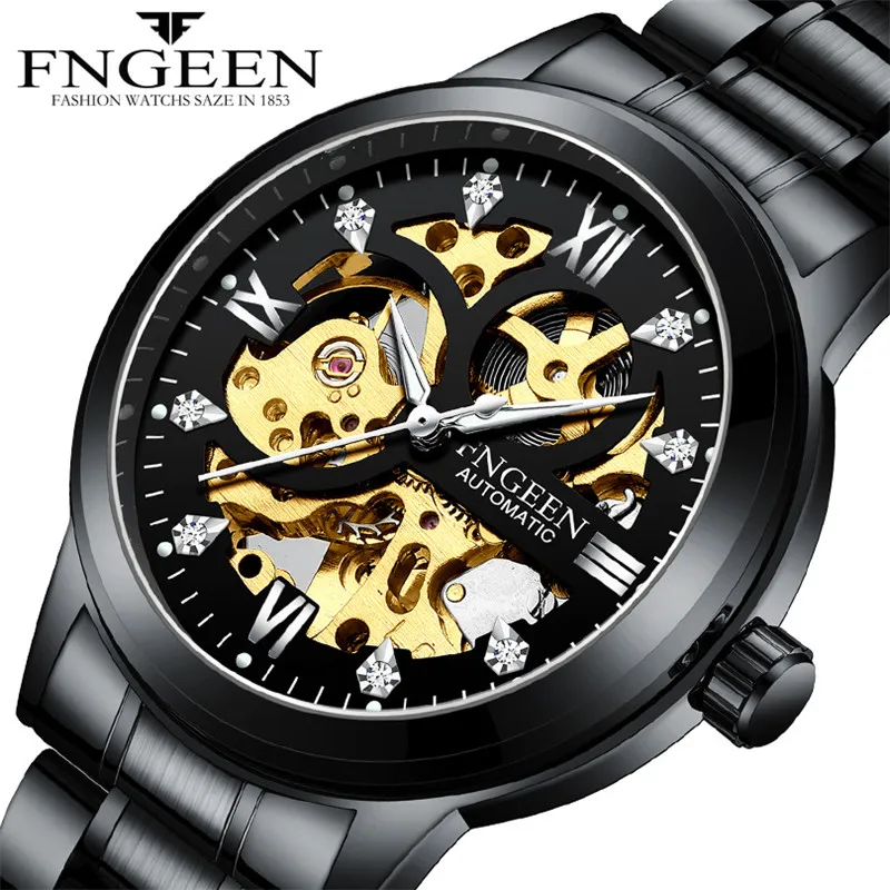 

FNGEEN Men's Mechanical Self Wind Watches Watch Men Luxury Waterproof Exquisite Skeleton Movement Automatic Watches Men Steel