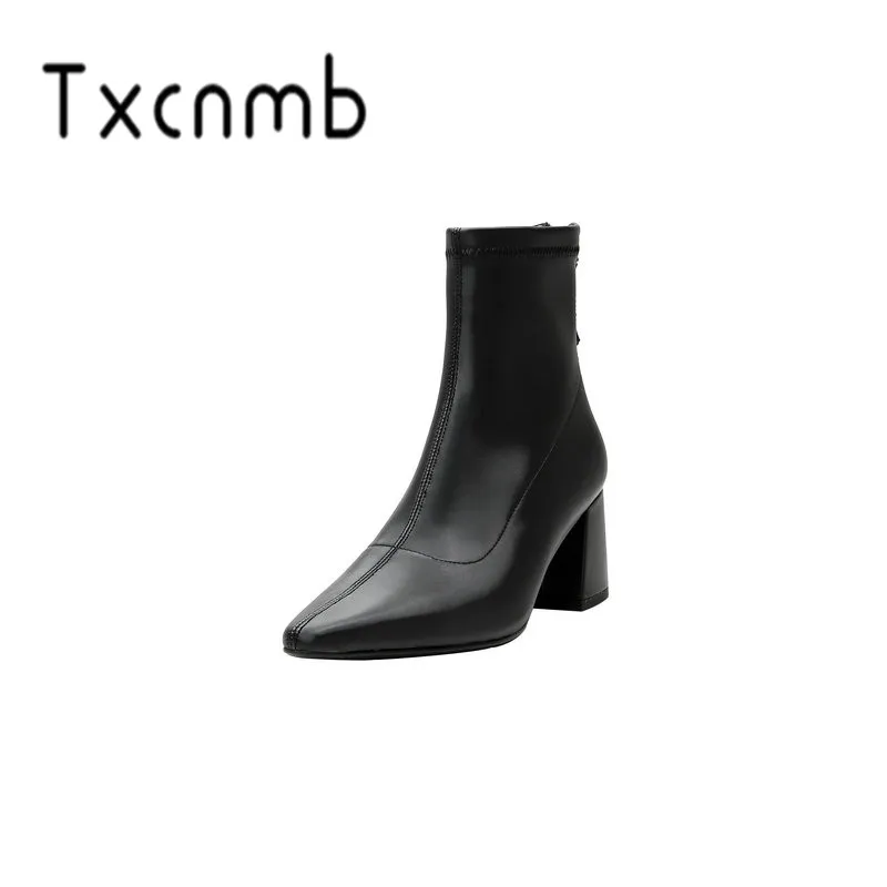 

TXCNMB 2019 Brand Leather Ankle Boots for Women High Heels Zipper Ladies Shoes Woman pointed Toe Party Wedding Size 34-39