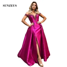 Vestido De noche De novia con escote en V profundo Vintage con hombros descubiertos elegante fucsia con cuentas Vestido Formal De fiesta con abertura frontal