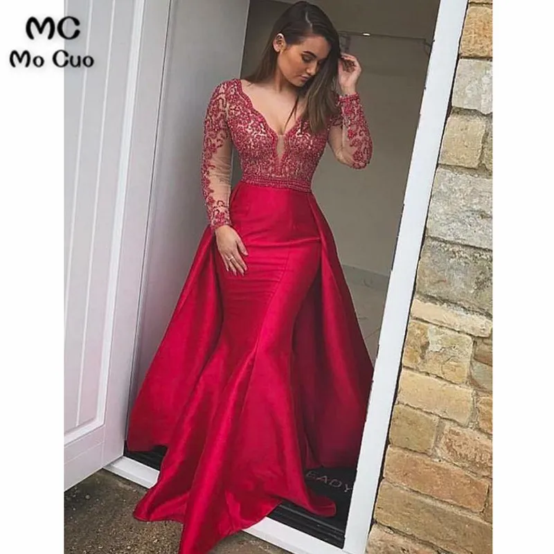 Mermaid Long Sleeves Beaded Red Lace Prom Dress ,Cheap Prom Dresses