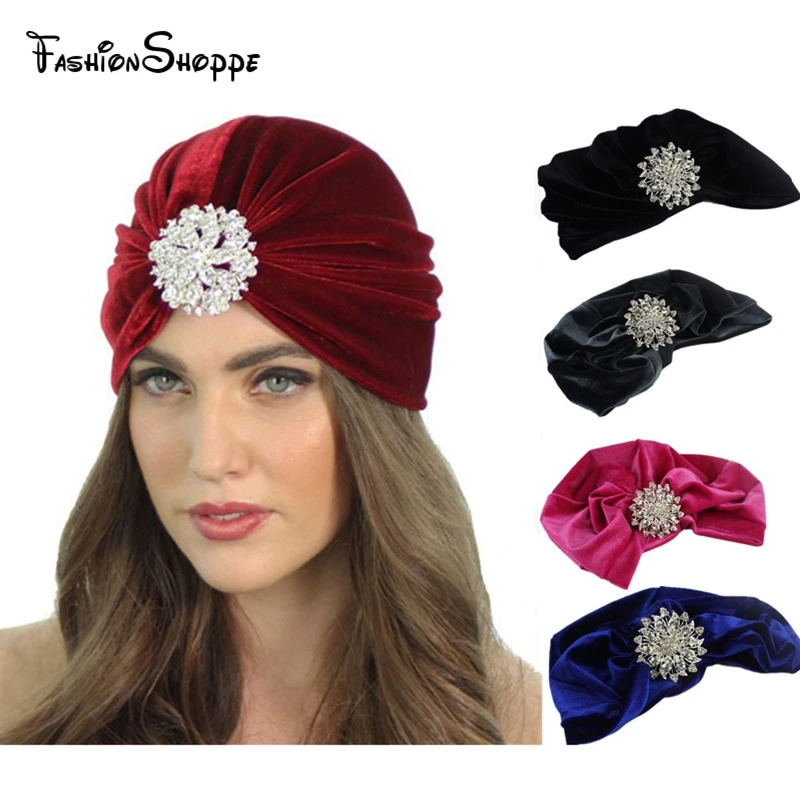 

Velvet Flapper jeweled brooch Stretch Full Turban Headband Great Ear Warmer Hat Muslim Hijab Inner Caps YS269