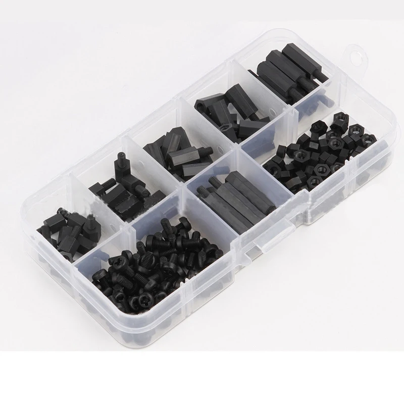 

Black M3 Nylon Hex Spacers Male-Female Screws Nuts Stand-off Kit With Plastic Box For Electronics PC Board