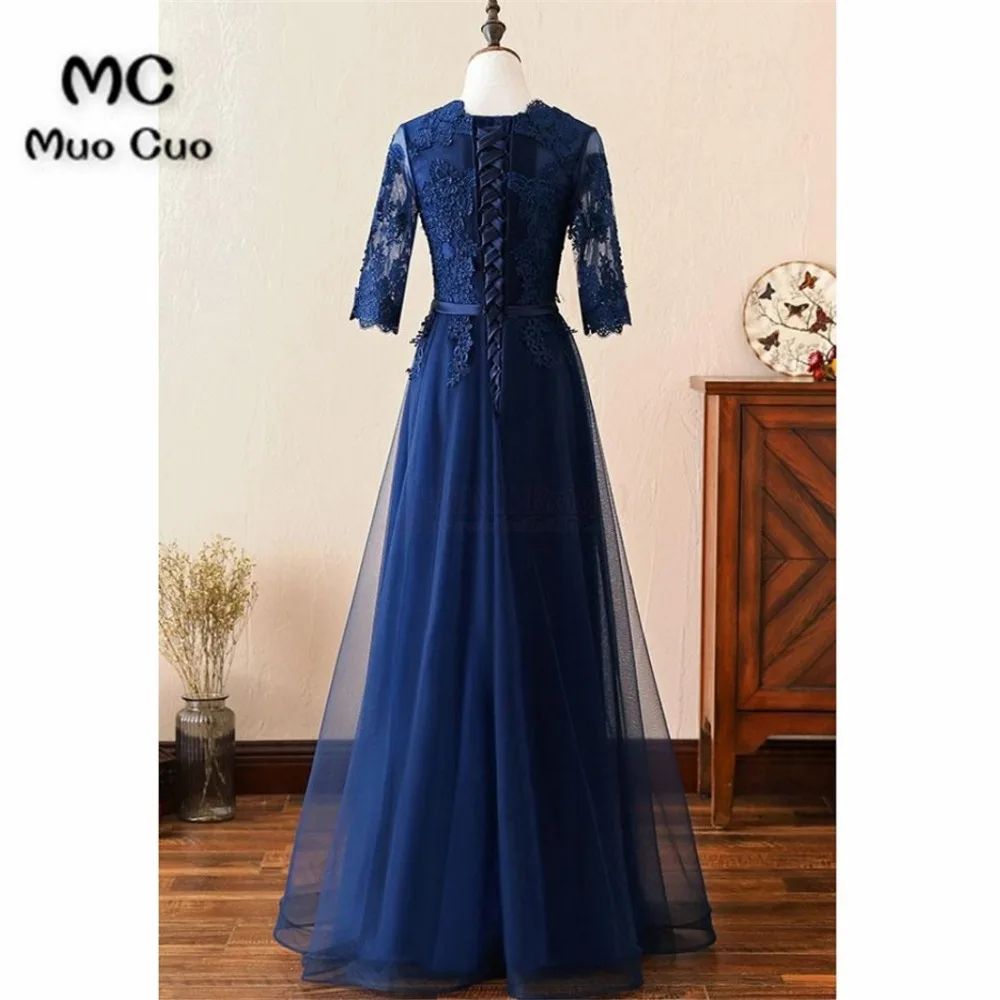 A Line Navy Blue Floor Length Prom Dresses with Applique6