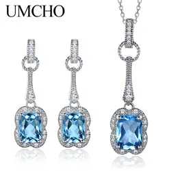 UMCHO настоящие 925 пробы серебряные ювелирные изделия набор 5,6 ct натуральный голубой топаз Висячие серьги кулон для женщин ювелирные изделия