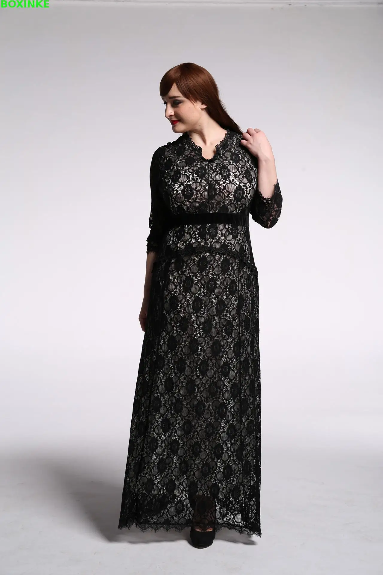 

Robe Plus Size Europe And The Foreign Trade Women's Dress Temperament Seven Points Sleeve V Collar Lace Big Fat Code Length