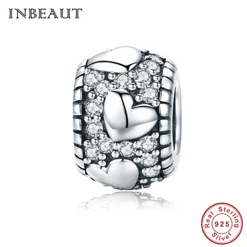 

INBEAUT 100% 925 Sterling Silver Cute Solid Heart Carved Beads fit Trendy Bracelet White CZ Love Pledge Charm for Pendant Chain