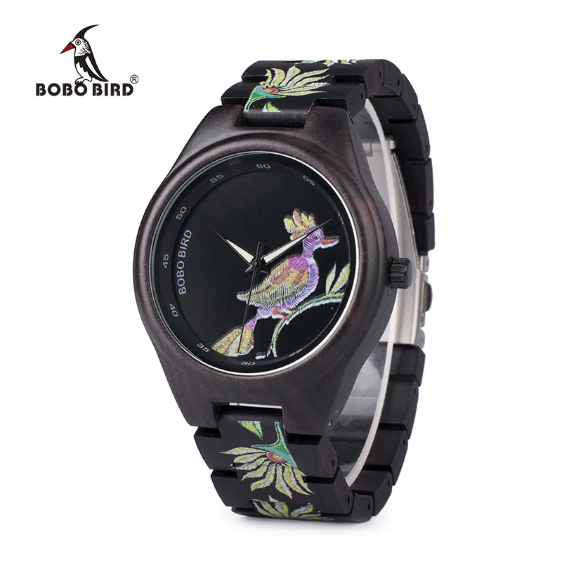 BOBO BIRD Top Brand Luxury P06 Men Chinese Element Painting Ebony Wood Watch Men Quartz Unique Wristwatch relogio masculino