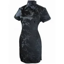 Black Chinese Women Traditional Dress Short Mini Qipao Cheongsam Top Flower Plus Size S M L XL XXL XXXL 4XL 5XL 6XL MH-01