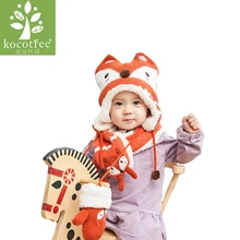 Зимняя детская вязаная шапка(комплект), детская шапка и шарф, комплект из 2 предметов, теплые детские шапки с толстой подкладкой, шапки с изображением лисы для мальчиков и девочек